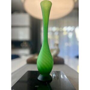 Vintage Norcrest Blown Green Frosted Glass Diagonal Swirl Bud Vase-Japan